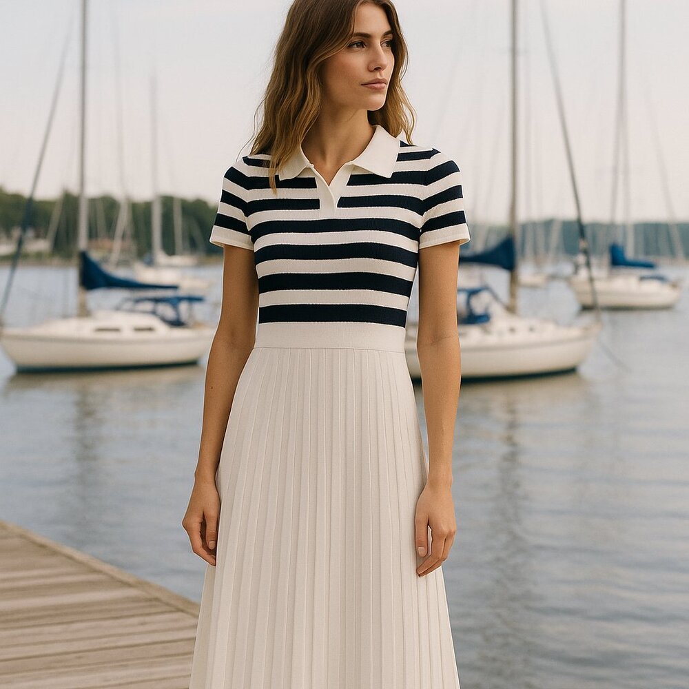 Zesica Dress Striped Ribbed Knit Pleated SZM Preppy Coastal Hamptons Americana